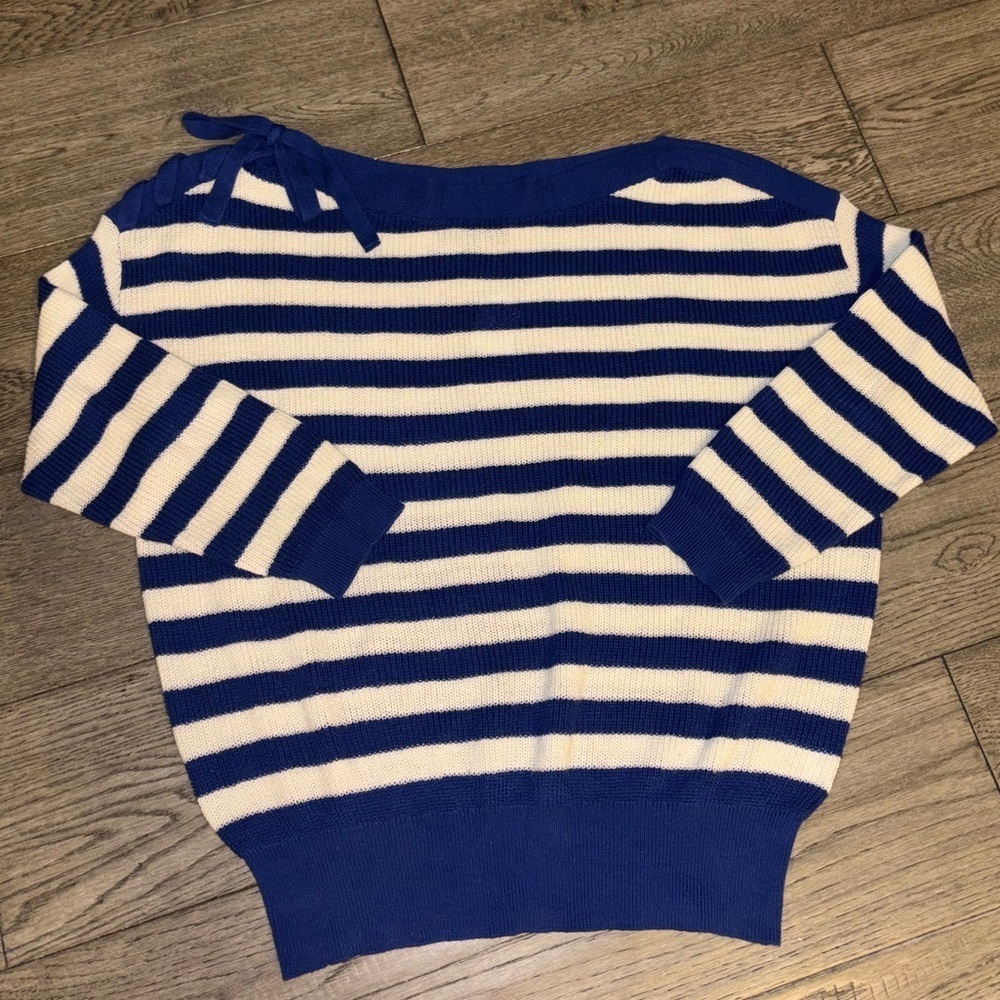 RW&CO. Blue and White Off-the-Shoulder Sweater